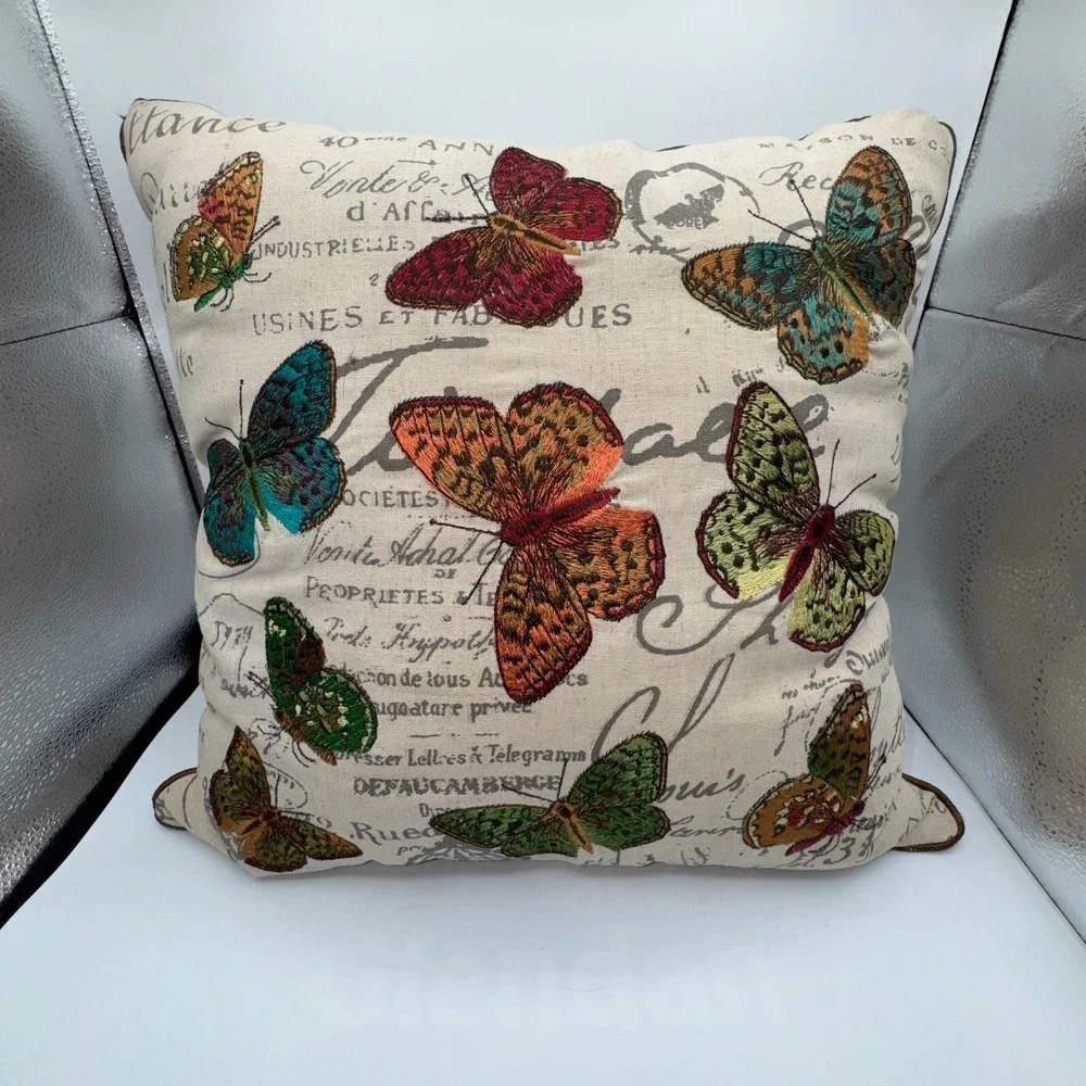 Pier 1 Imports 15x15 Luxury Throw Pillow Embroidered Rainbow‎ Butterfly Decor